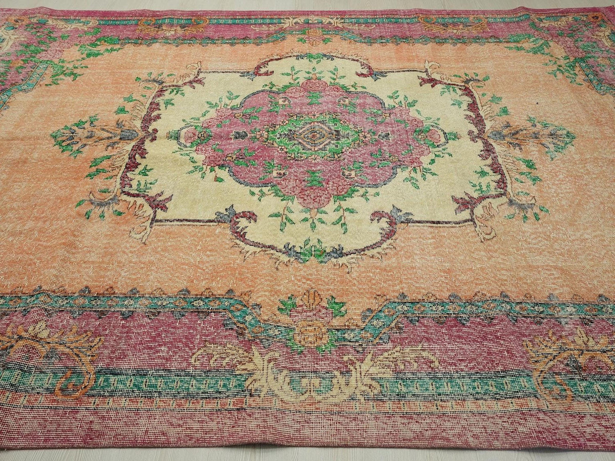 Colorful Vintage Oushak Rug: Mid-Century Modern Turkish Handwoven Rugs, 7,3x10,6 Feet.