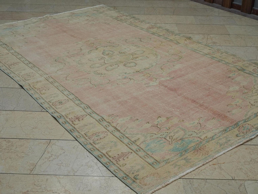 Old Handmade Oushak Rug: 5.6"x9' Feet, Turkish Wool on Cotton Carpet Rugs,