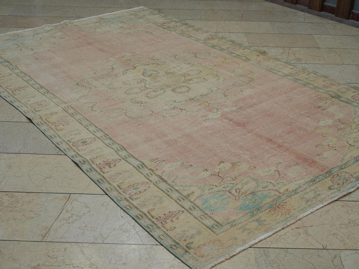 Old Handmade Oushak Rug: 5.6"x9' Feet, Turkish Wool on Cotton Carpet Rugs,