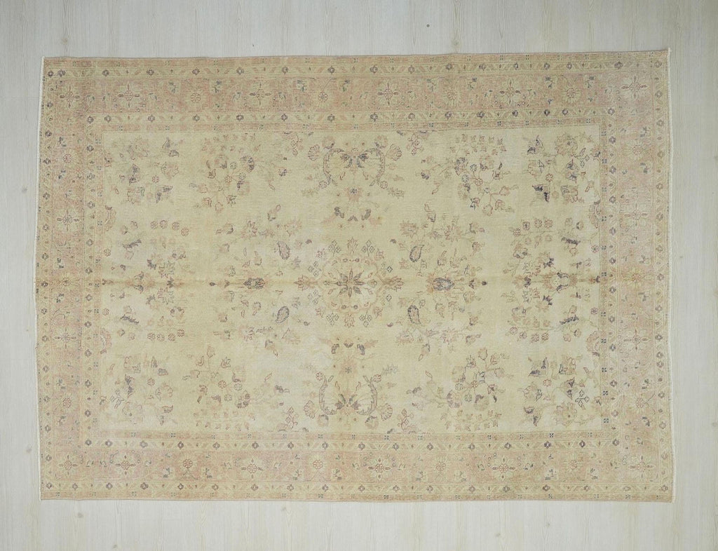 Handmade Vintage Turkish Oushak Rug: Wool Geometric Floral Carpet Rugs, 6.7x9.4 ft.