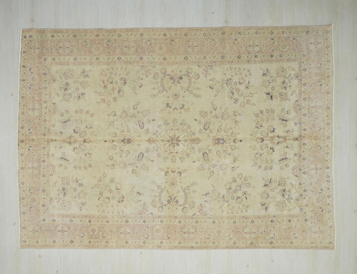 Handmade Vintage Turkish Oushak Rug: Wool Geometric Floral Carpet Rugs, 6.7x9.4 ft.
