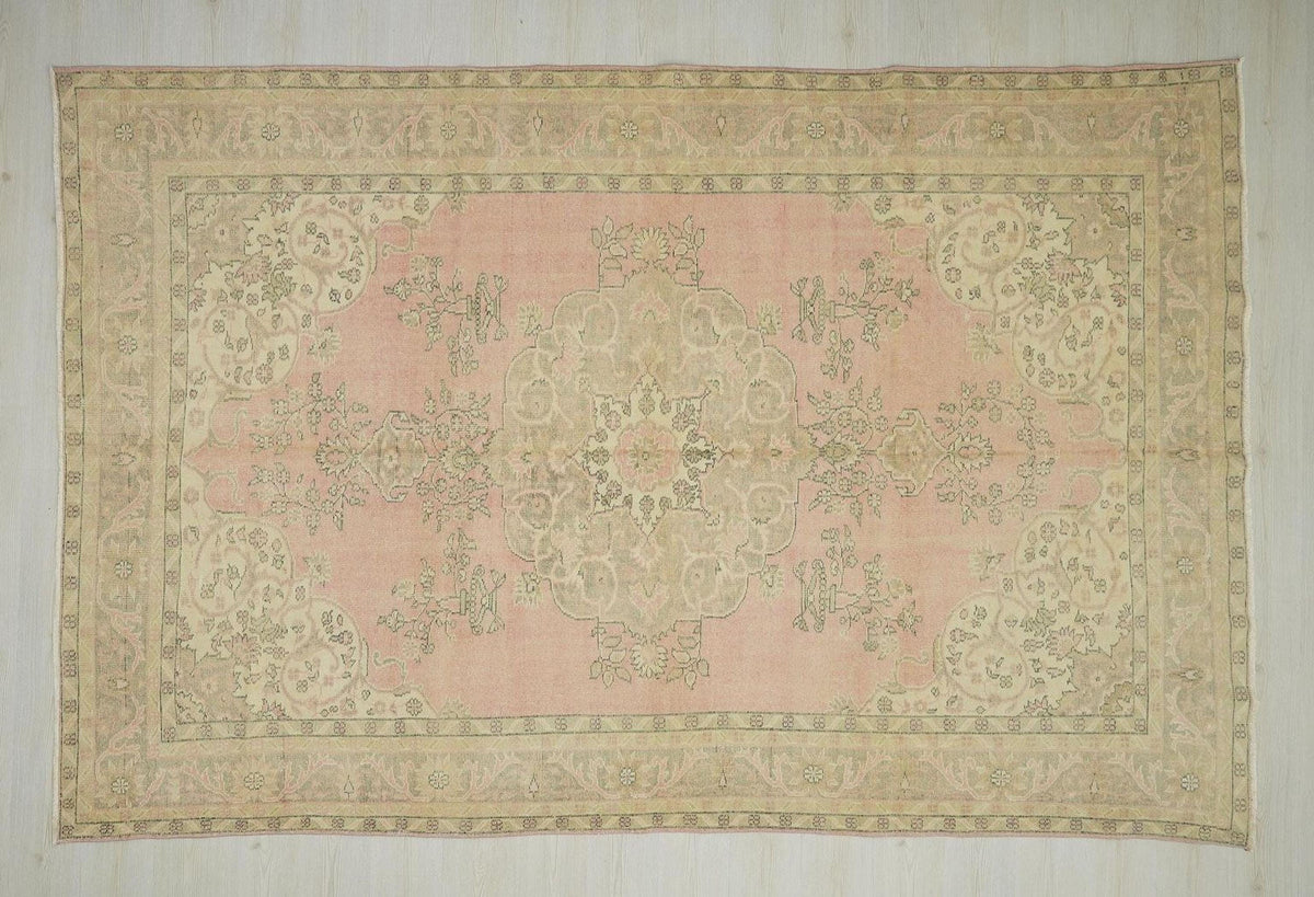 Salmon Pink Oushak Rug: 7x10 Turkish Wool Carpet, Mid-Century Modern Rugs
