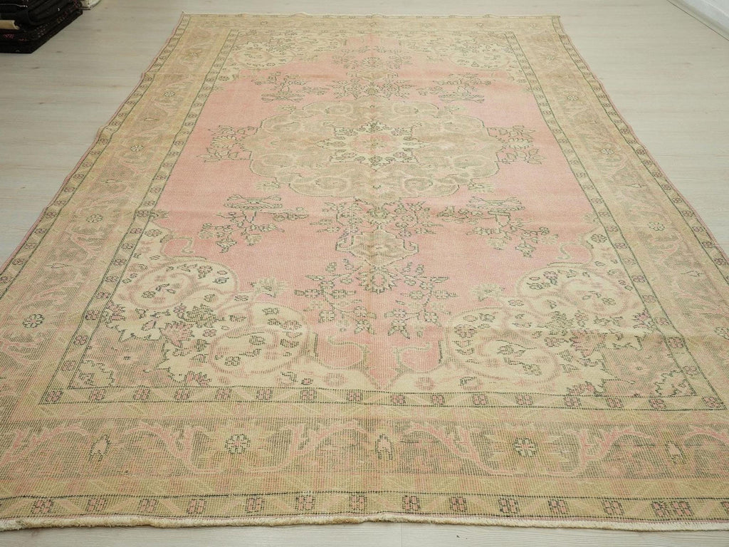 Salmon Pink Oushak Rug: 7x10 Turkish Wool Carpet, Mid-Century Modern Rugs