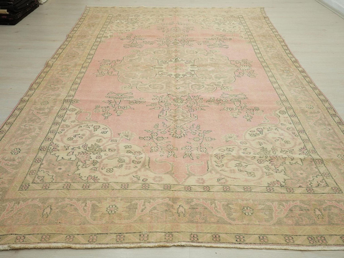 Salmon Pink Oushak Rug: 7x10 Turkish Wool Carpet, Mid-Century Modern Rugs