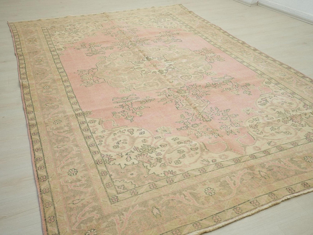 Salmon Pink Oushak Rug: 7x10 Turkish Wool Carpet, Mid-Century Modern Rugs