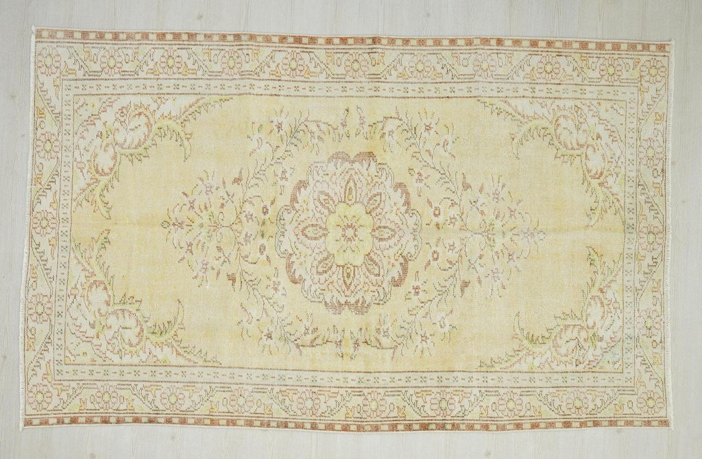Yellow Mid-Century Modern Oushak Rug: 5.8"x9.2" Feet, Vintage Turkish Wool Rugs.
