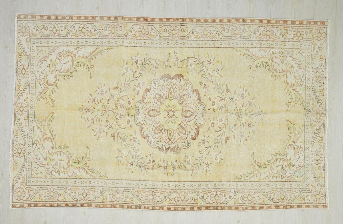 Yellow Mid-Century Modern Oushak Rug: 5.8"x9.2" Feet, Vintage Turkish Wool Rugs.