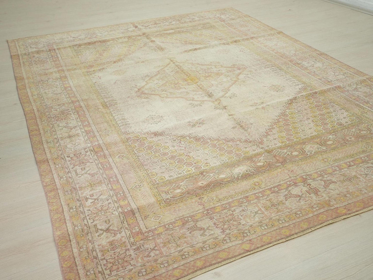 Vintage Turkish Oushak Rug 7x9: Pastel Wool, Mid-Century Modern Decor Rugs