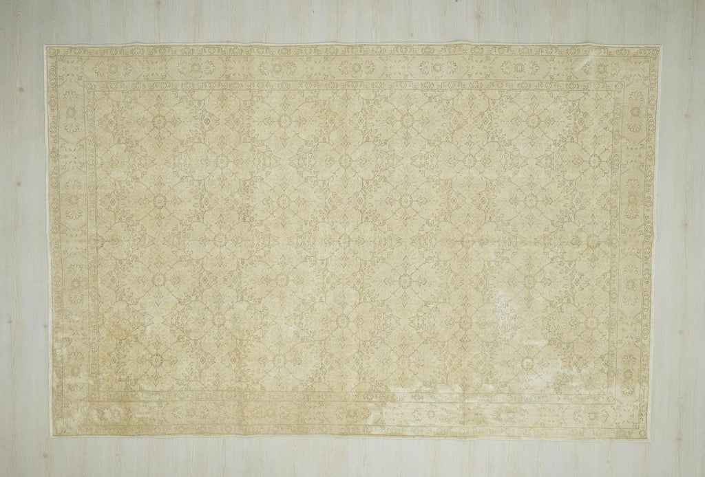 Handmade Oushak Rug: Tan & Brown Wool Vintage Carpet Rugs, 7.2"x11" Feet.