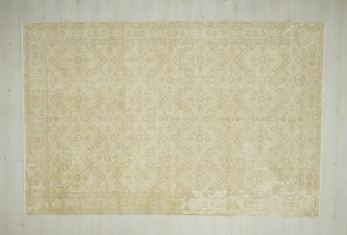 Handmade Oushak Rug: Tan & Brown Wool Vintage Carpet Rugs, 7.2"x11" Feet.