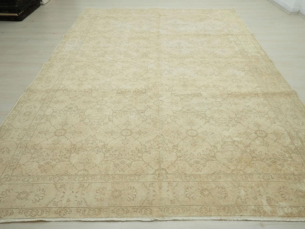 Handmade Oushak Rug: Tan & Brown Wool Vintage Carpet Rugs, 7.2"x11" Feet.