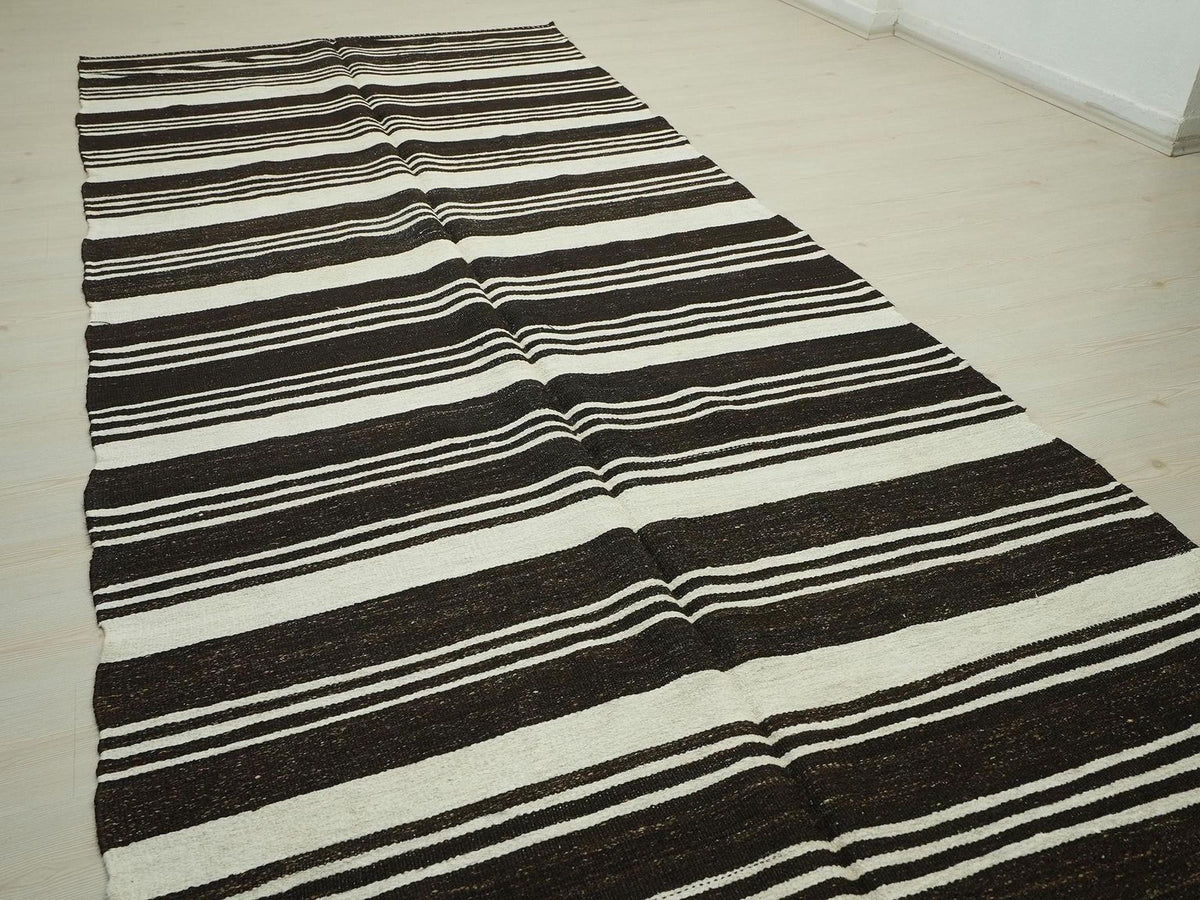 Handmade Hemp Stripe Rug: Flat Weave Minimalist Decor Rugs, 5,5"x12,3" Feet.