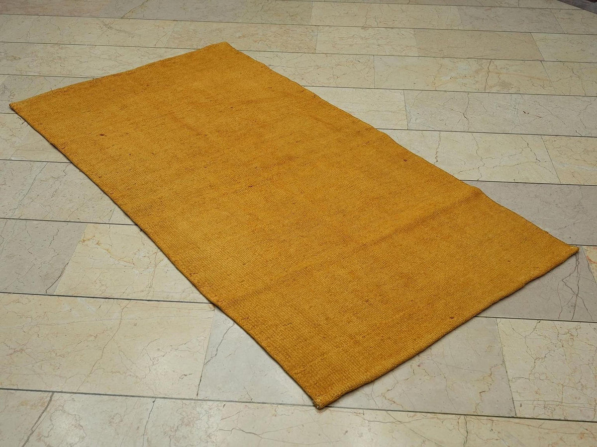 Saffron Hemp Kilim Rug: 3x5.7 Mid-Century Modern Flat Woven Rugs