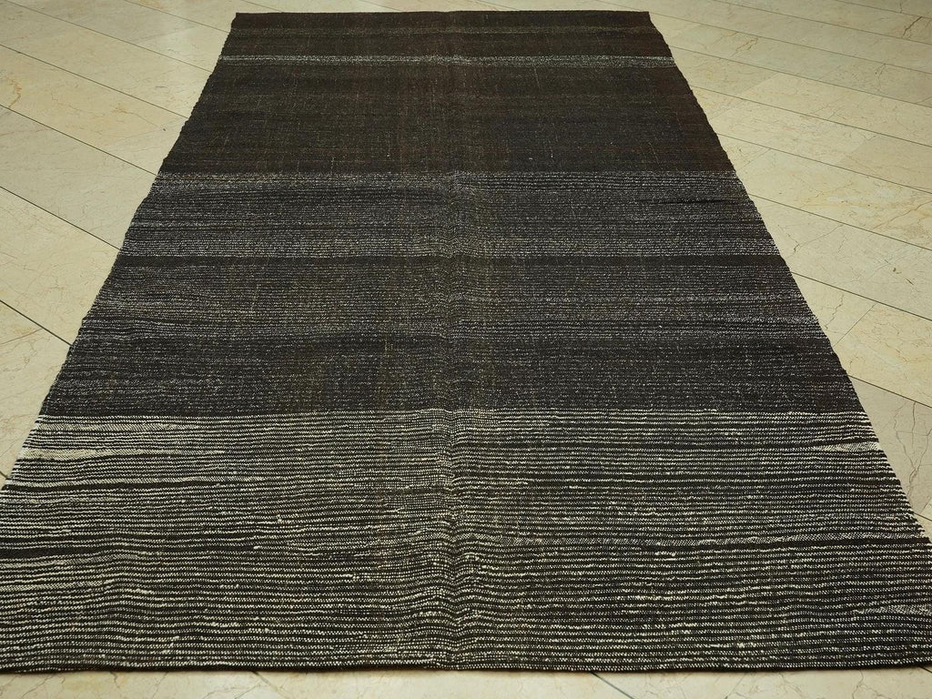 Vintage Goat Hair Kilim Rug: 5x10.1 ft, Dark Brown Striped Flat Weave Rugs.