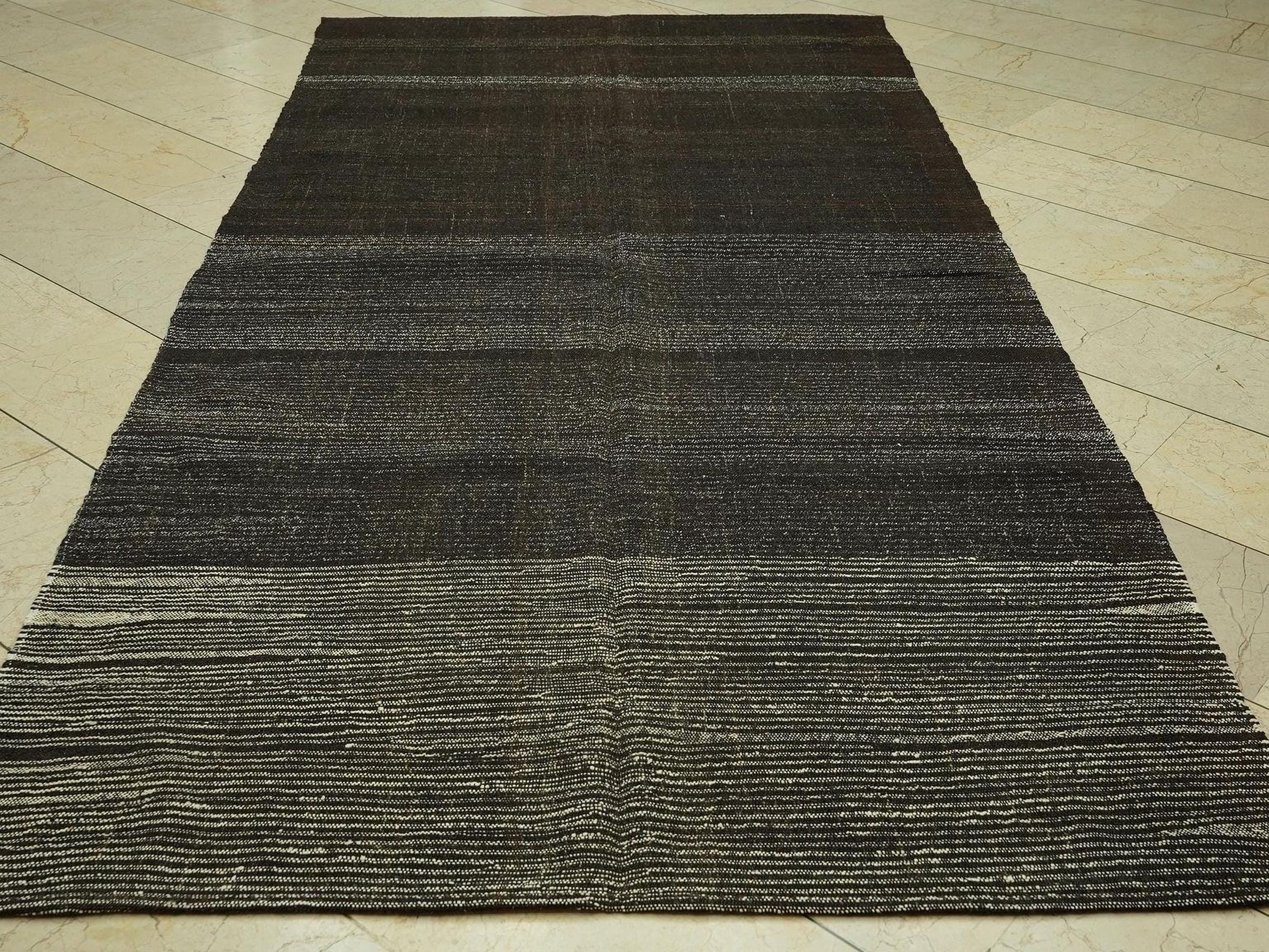 Vintage Goat Hair Kilim Rug: 5x10.1 ft, Dark Brown Striped Flat Weave Rugs.