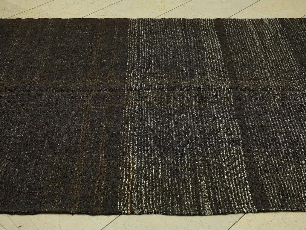 Vintage Goat Hair Kilim Rug: 5x10.1 ft, Dark Brown Striped Flat Weave Rugs.