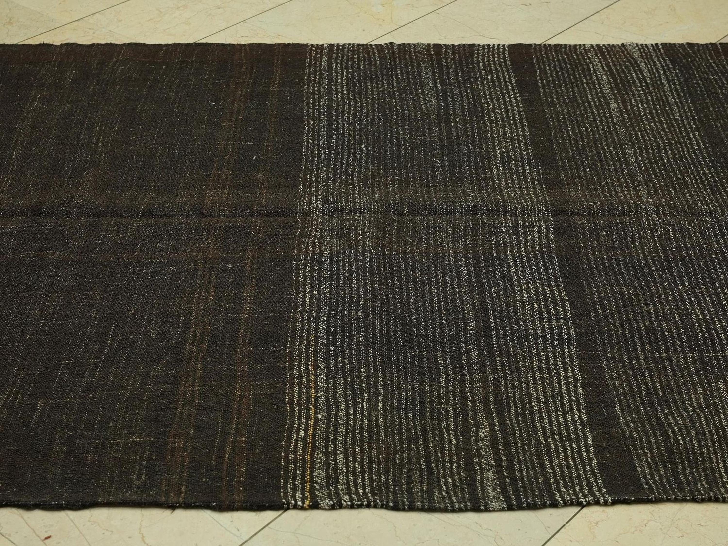 Vintage Goat Hair Kilim Rug: 5x10.1 ft, Dark Brown Striped Flat Weave Rugs.