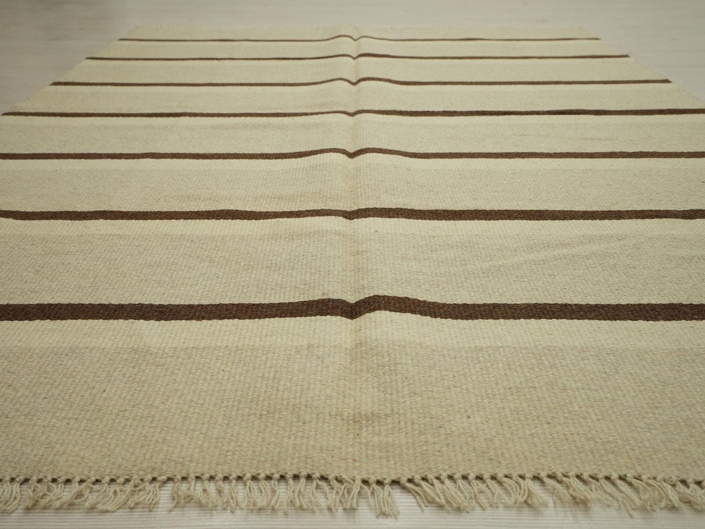 Handmade Brown Stripe Kilim Rug: Flat Weave Wool Rugs (5.1x6.7 ft)