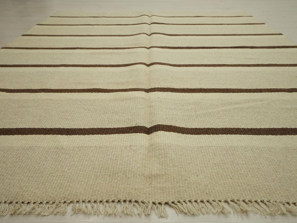 Handmade Brown Stripe Kilim Rug: Flat Weave Wool Rugs (5.1x6.7 ft)