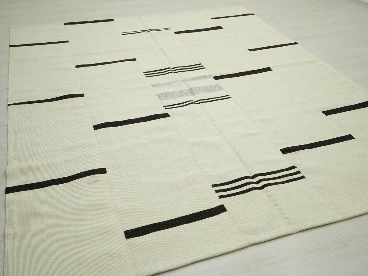 Neutral Color Kilim Rug: Dark Brown & Cream Wool, 7x8 Scandinavian Stlye Vintage Decor Rugs