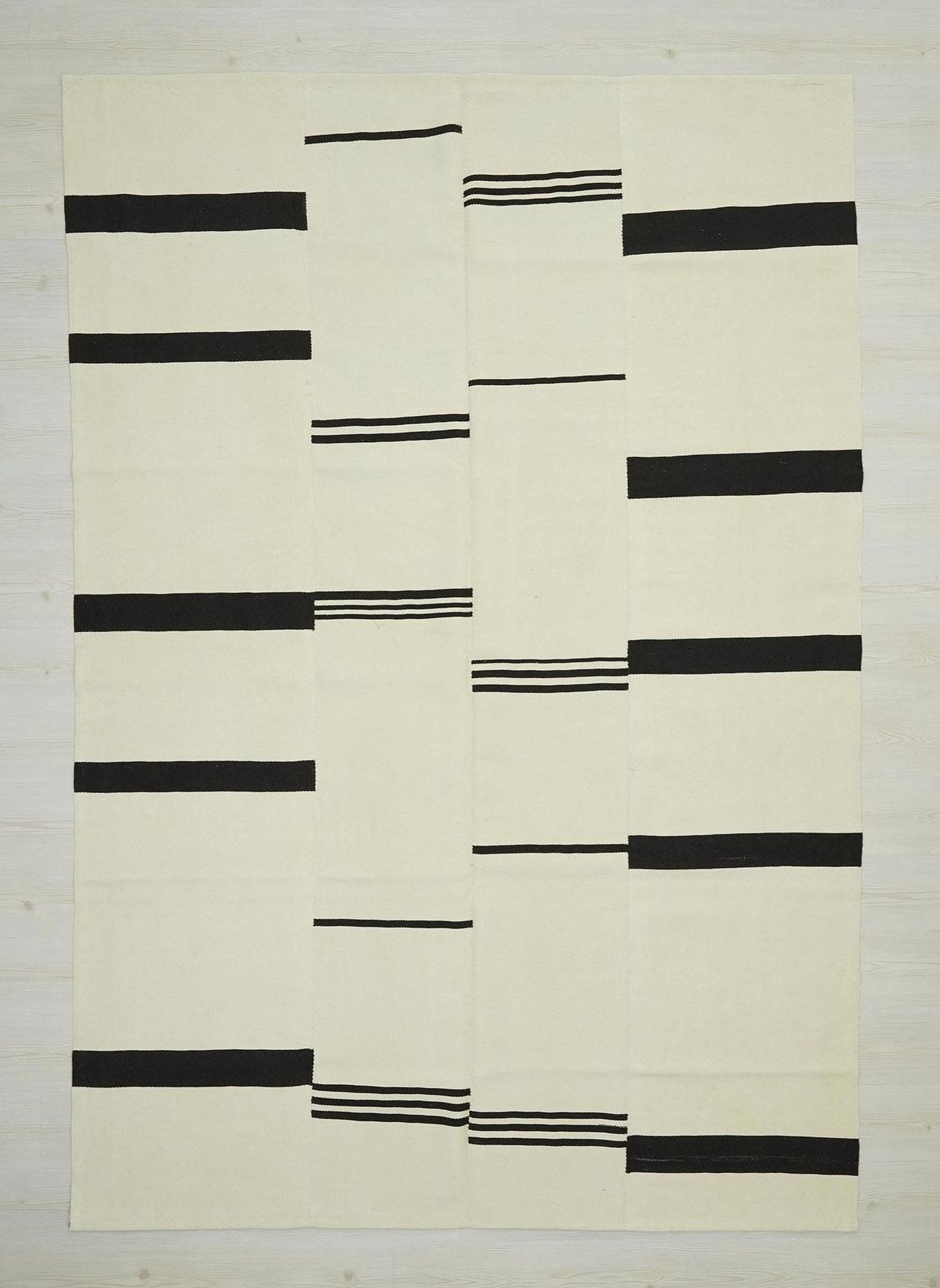 Large Broken Stripe Wool Kilim Rug: 6.6x9.7 ft, Handmade Modern Flat Weave Rugs.
