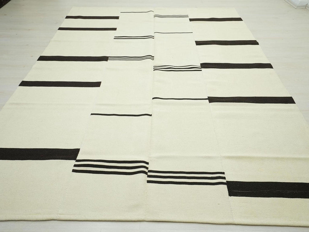 Large Broken Stripe Wool Kilim Rug: 6.6x9.7 ft, Handmade Modern Flat Weave Rugs.