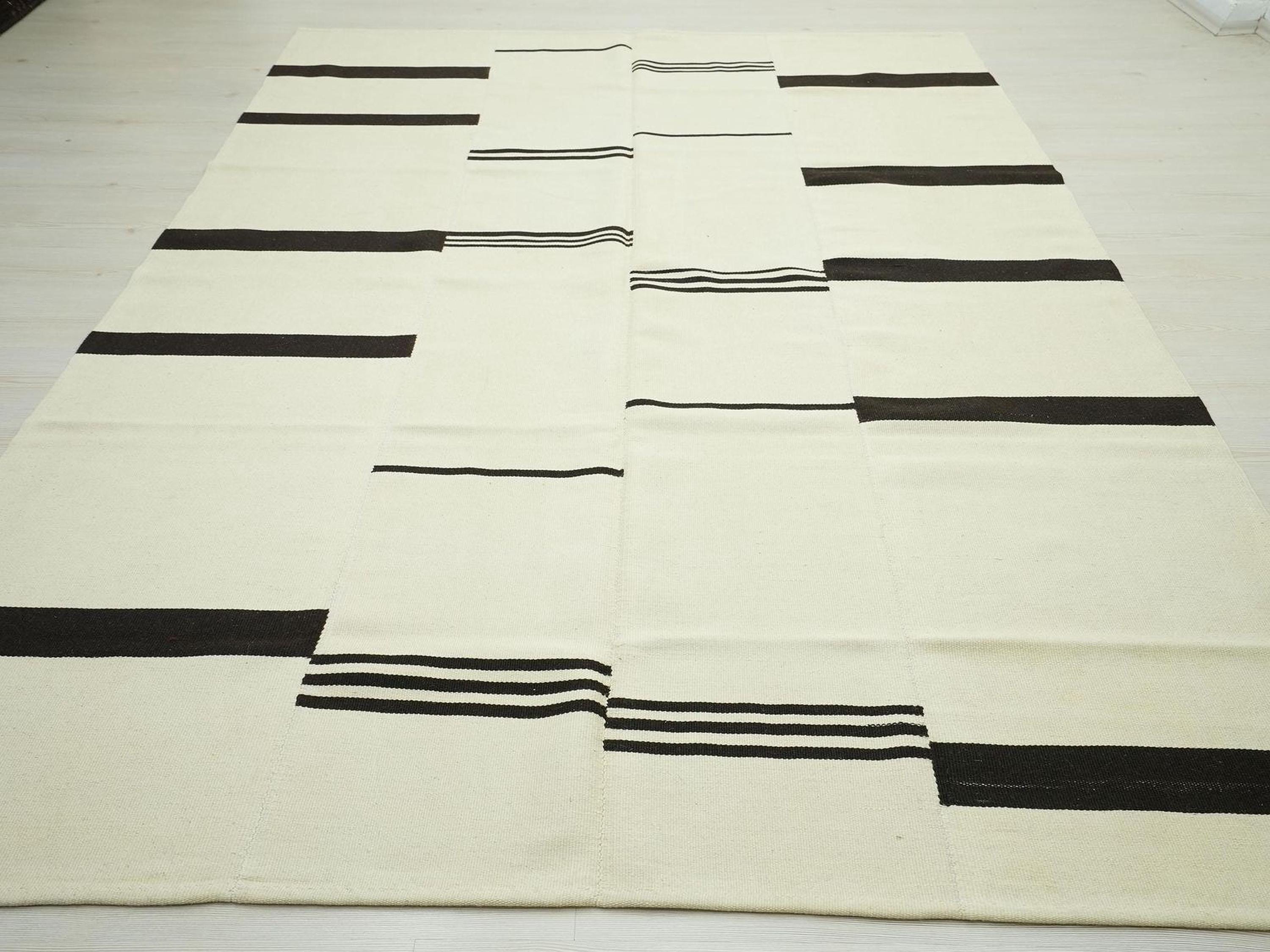 Large Broken Stripe Wool Kilim Rug: 6.6x9.7 ft, Handmade Modern Flat Weave Rugs.