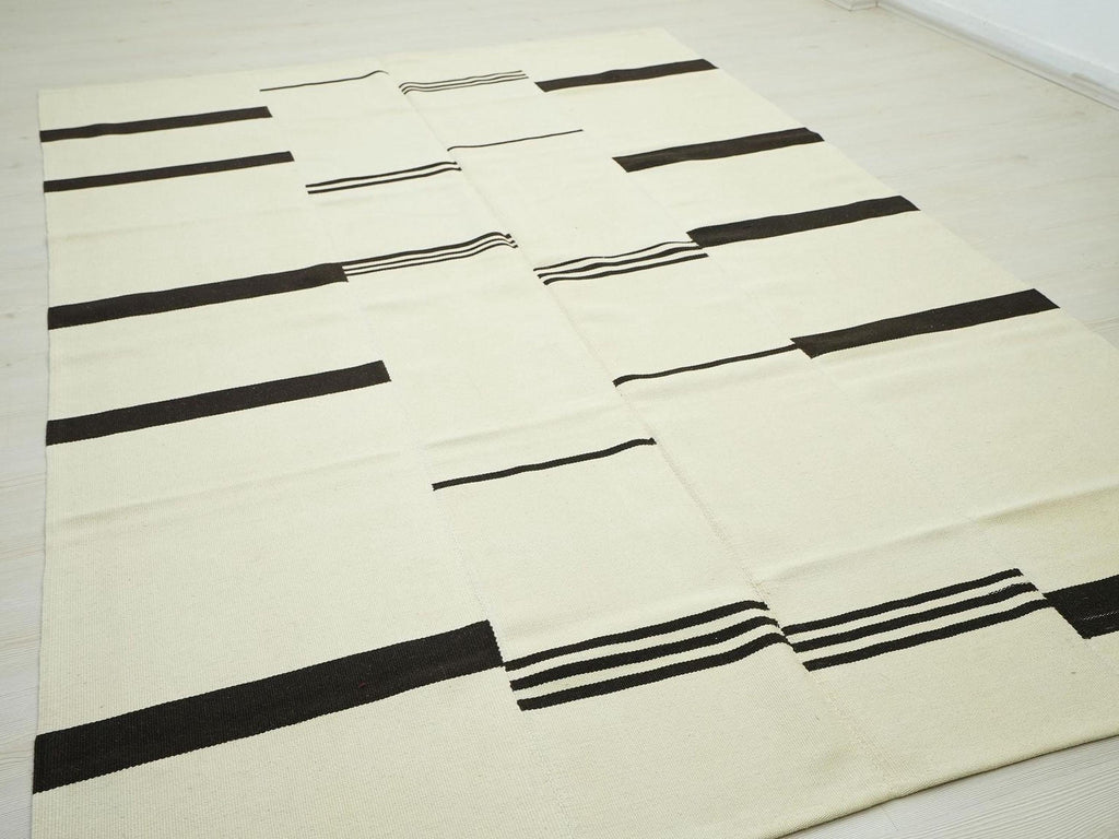 Large Broken Stripe Wool Kilim Rug: 6.6x9.7 ft, Handmade Modern Flat Weave Rugs.