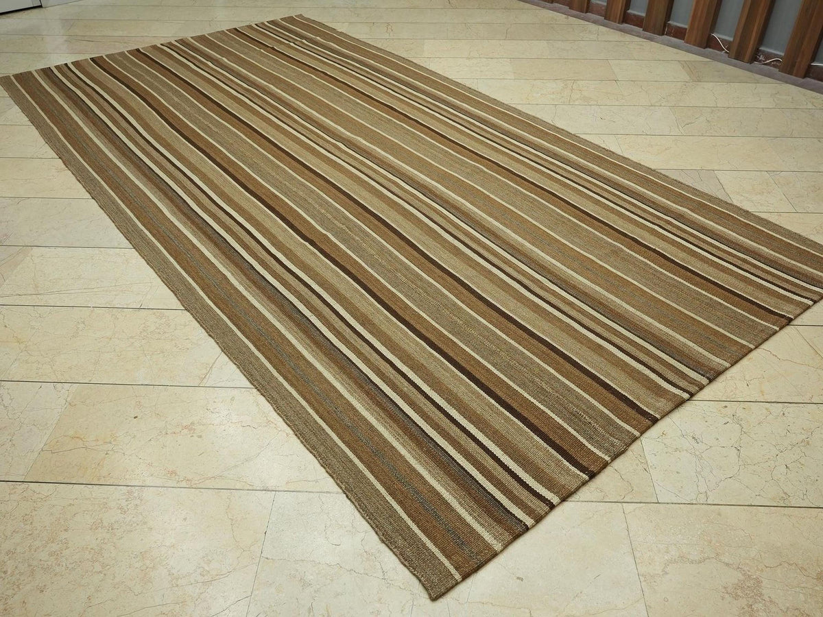 Primitive Neutral Striped Turkish Kilim Rug:5.8x11 Feet,Hand Flat Woven Brown Rugs.