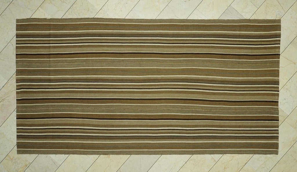 Primitive Neutral Striped Turkish Kilim Rug:5.8x11 Feet,Hand Flat Woven Brown Rugs.