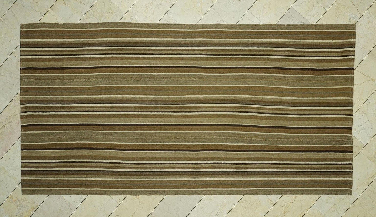 Primitive Neutral Striped Turkish Kilim Rug:5.8x11 Feet,Hand Flat Woven Brown Rugs.