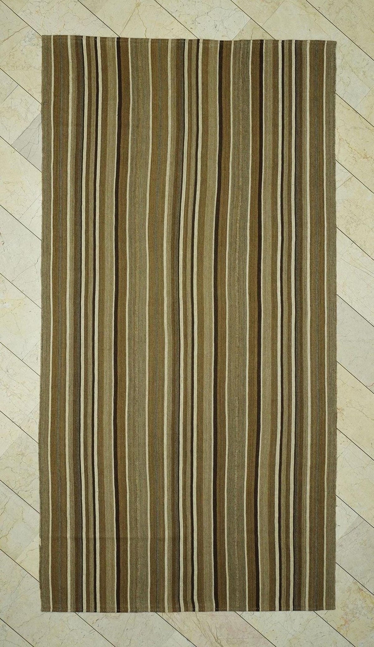 Primitive Neutral Striped Turkish Kilim Rug:5.8x11 Feet,Hand Flat Woven Brown Rugs.