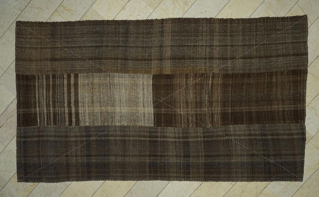 Antique Mazandaran Kilim Rug: 6.5x11.6 ft, Handwoven Wool, Brown Beige Stripe Two Face Rugs.