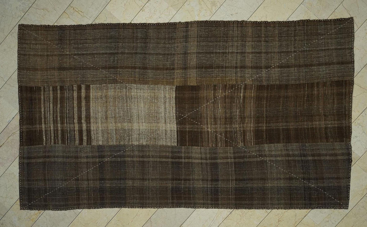 Antique Mazandaran Kilim Rug: 6.5x11.6 ft, Handwoven Wool, Brown Beige Stripe Two Face Rugs.