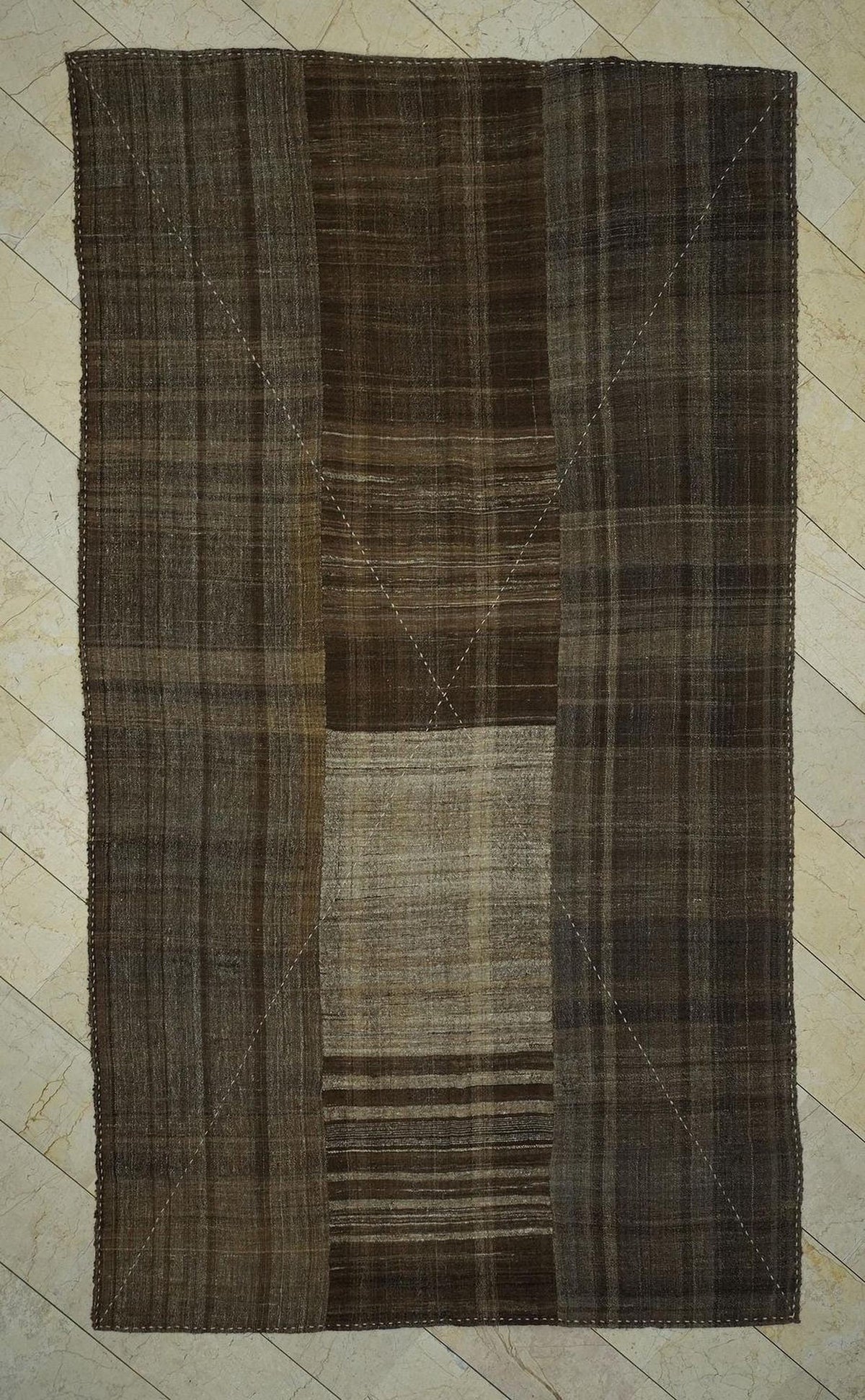 Antique Mazandaran Kilim Rug: 6.5x11.6 ft, Handwoven Wool, Brown Beige Stripe Two Face Rugs.