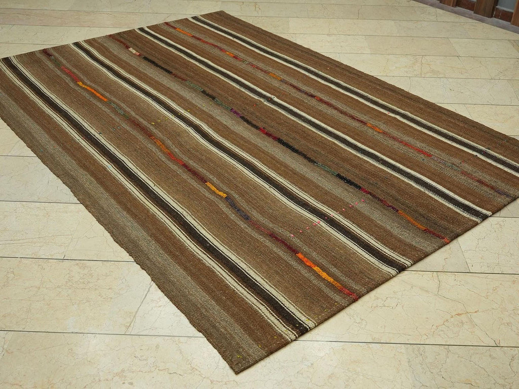 Brown Striped Unique Flat Weave Turkish Kilim Rug: 5,6x8 Feet,Scandinavian Style Rugs