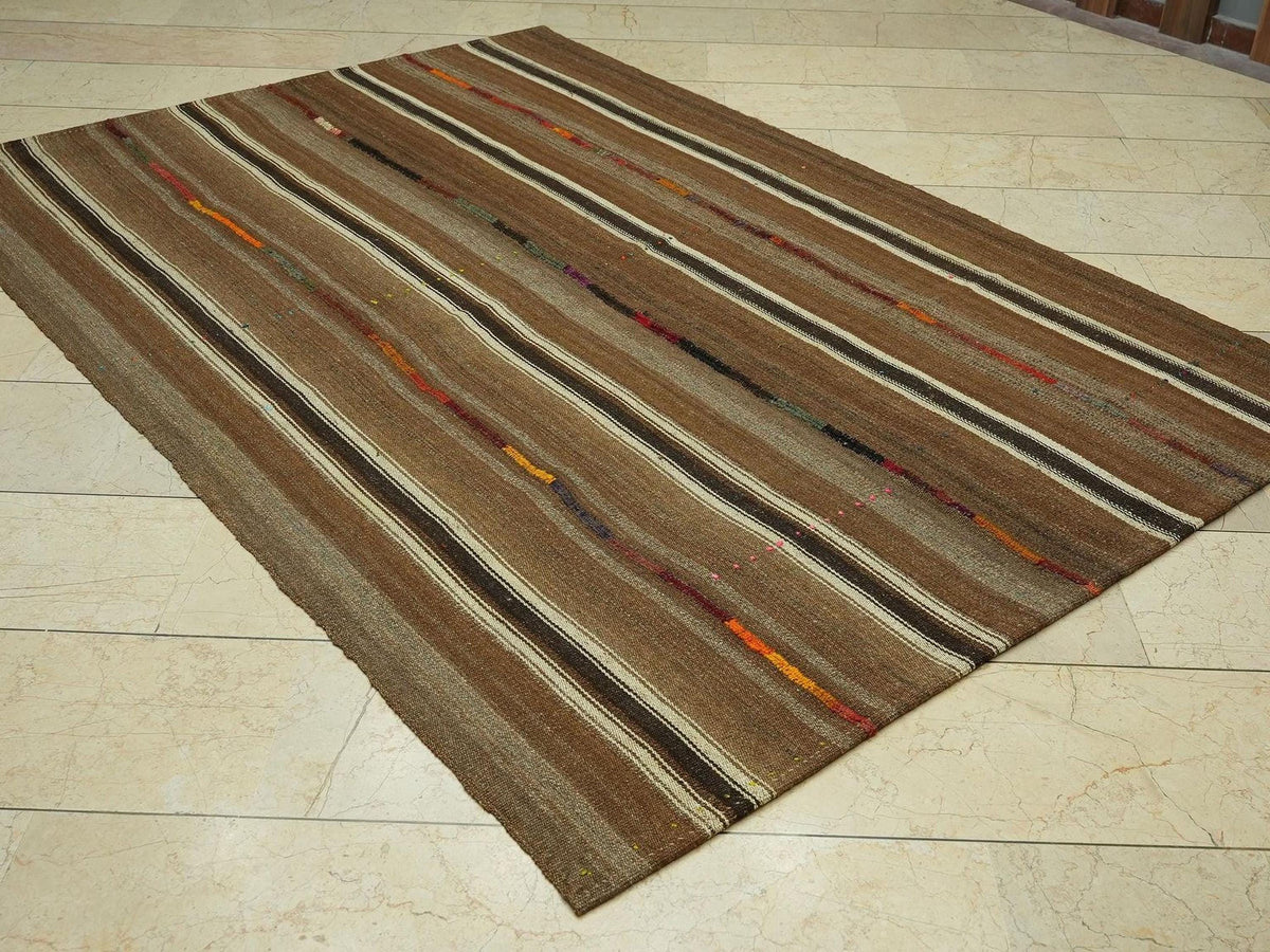Brown Striped Unique Flat Weave Turkish Kilim Rug: 5,6x8 Feet,Scandinavian Style Rugs