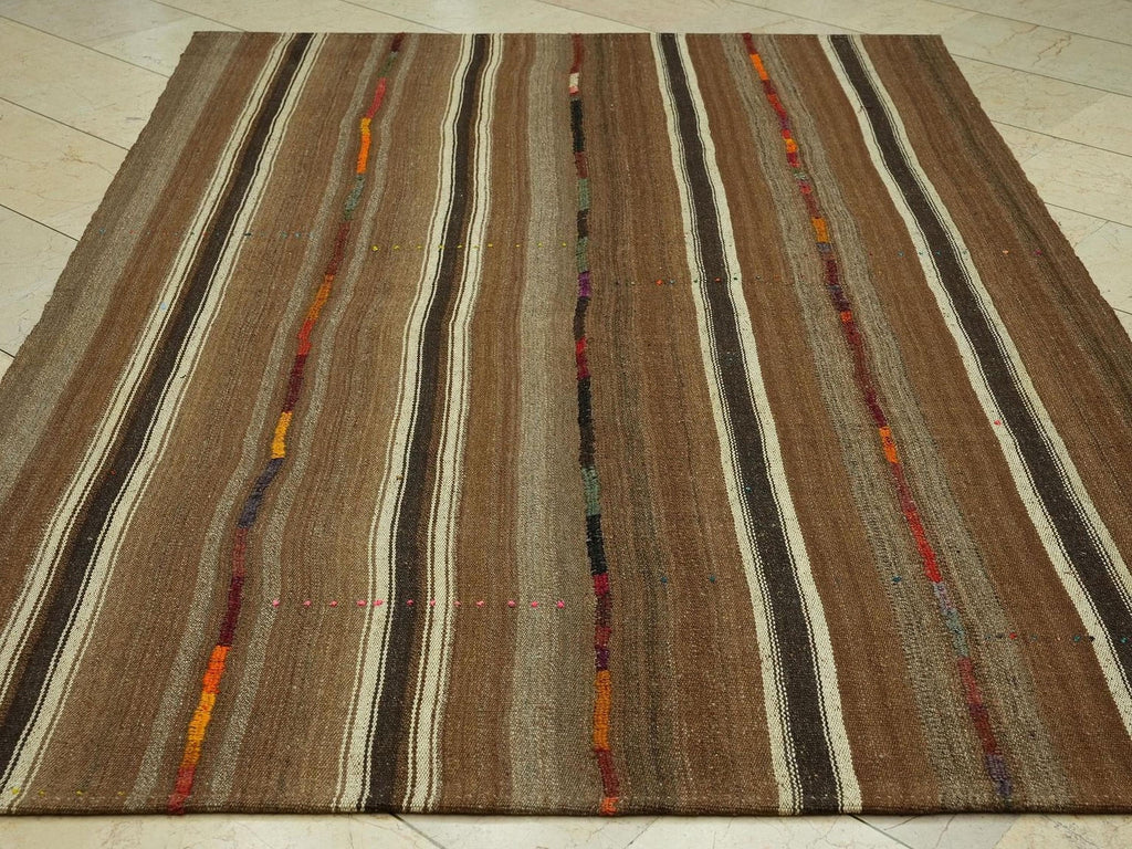 Brown Striped Unique Flat Weave Turkish Kilim Rug: 5,6x8 Feet,Scandinavian Style Rugs