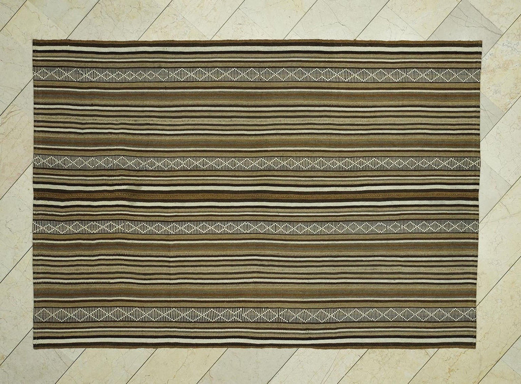 Neutral Striped Flat Weave Wool Turkish Kilim Rug,5.8x8.2 Feet,Mid Century Modern Rugs