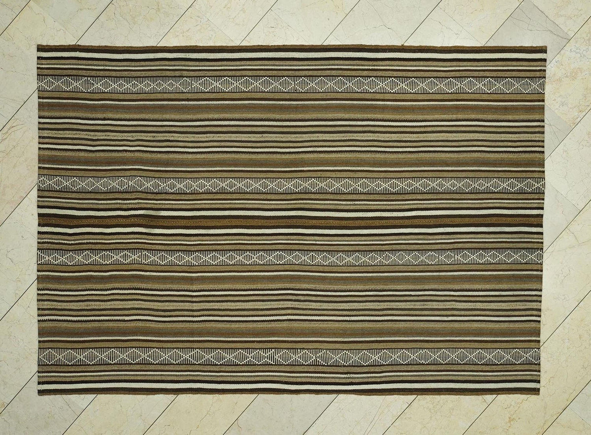 Neutral Striped Flat Weave Wool Turkish Kilim Rug,5.8x8.2 Feet,Mid Century Modern Rugs