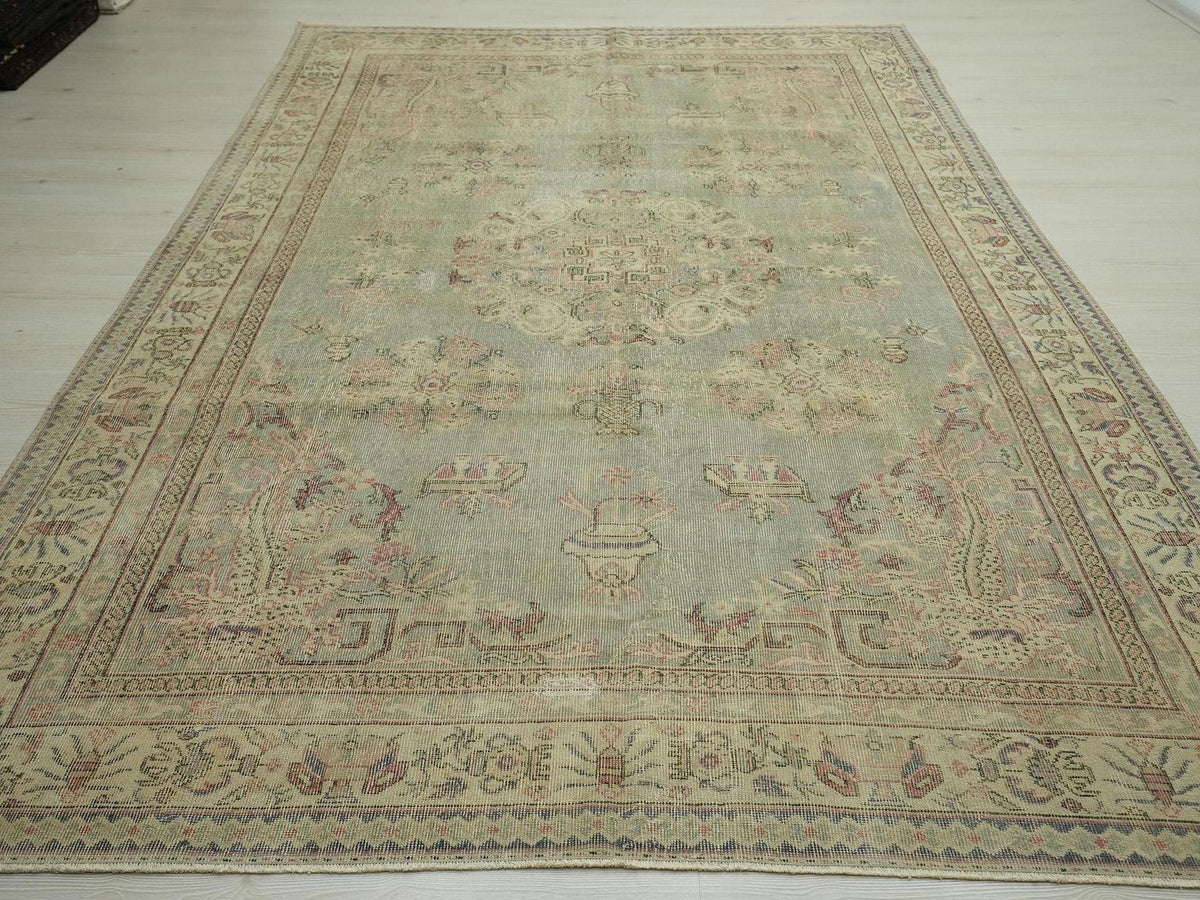 Floral Neutral Vintage Oushak Rug: 6,6x10,5, Turkish Wool Carpet Home Living Decor.