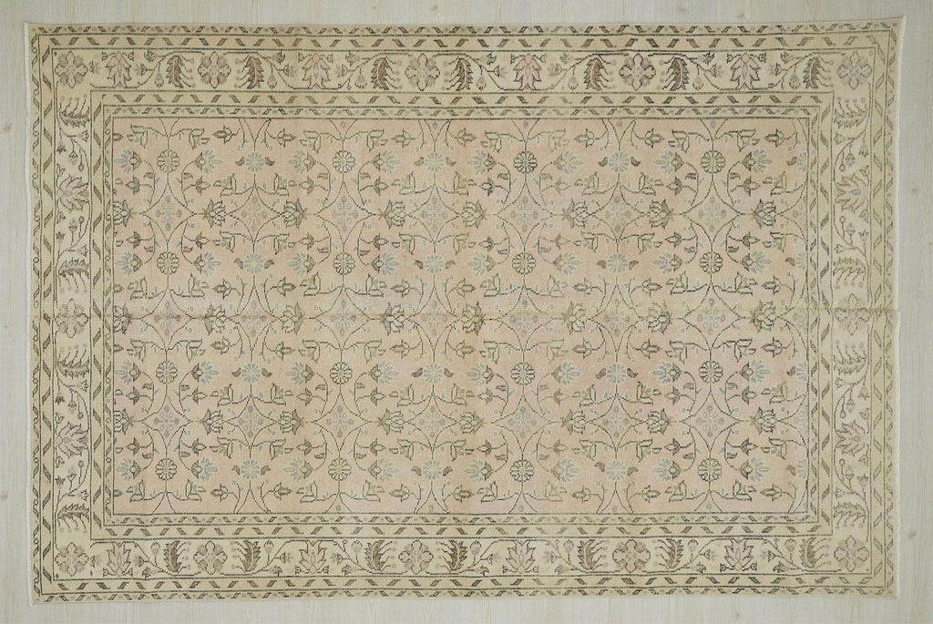 Large Vintage Oushak Rug: 6.2"x9.2' Ft, Salmon Pink Turkish Wool Carpet