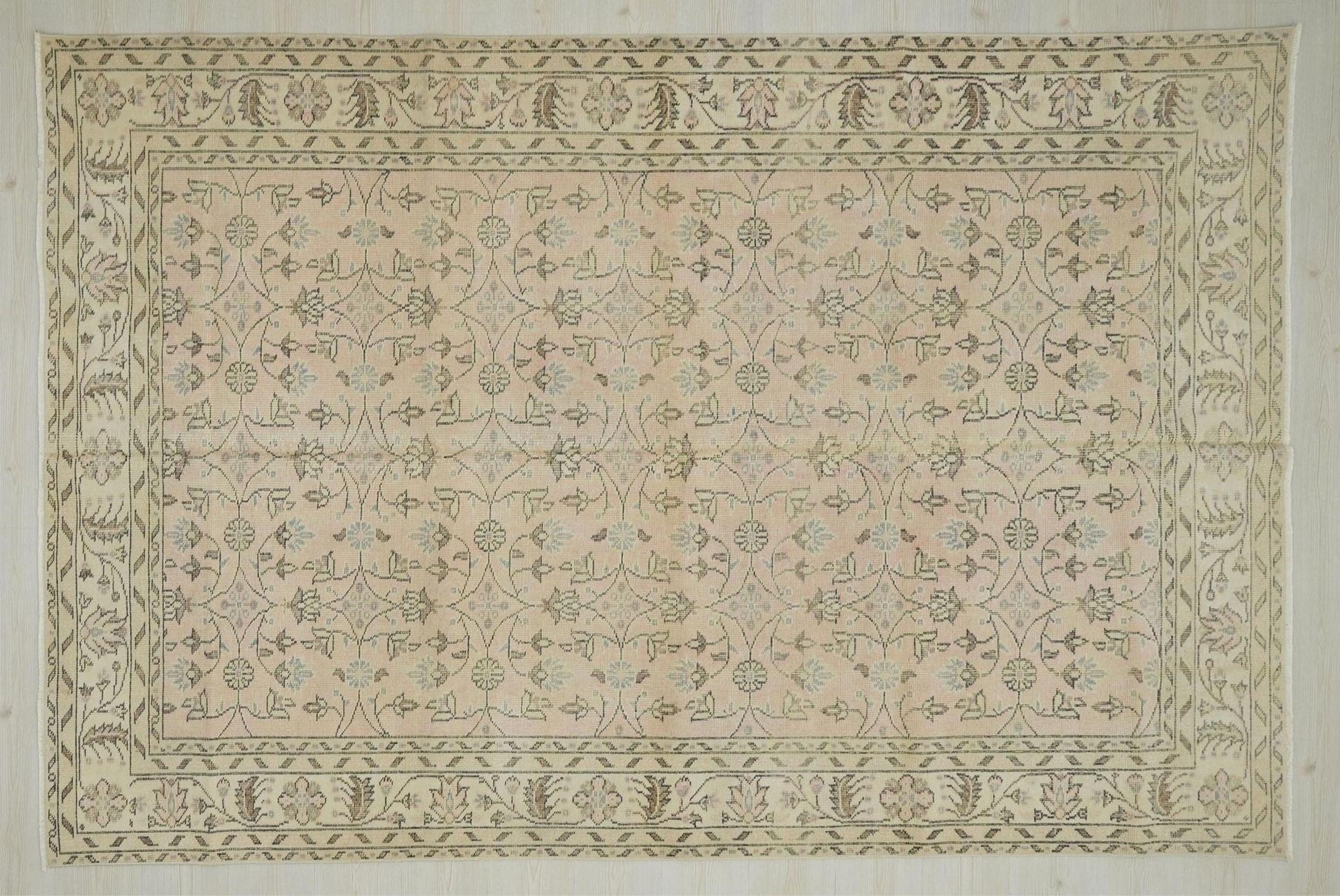 Large Vintage Oushak Rug: 6.2"x9.2' Ft, Salmon Pink Turkish Wool Carpet