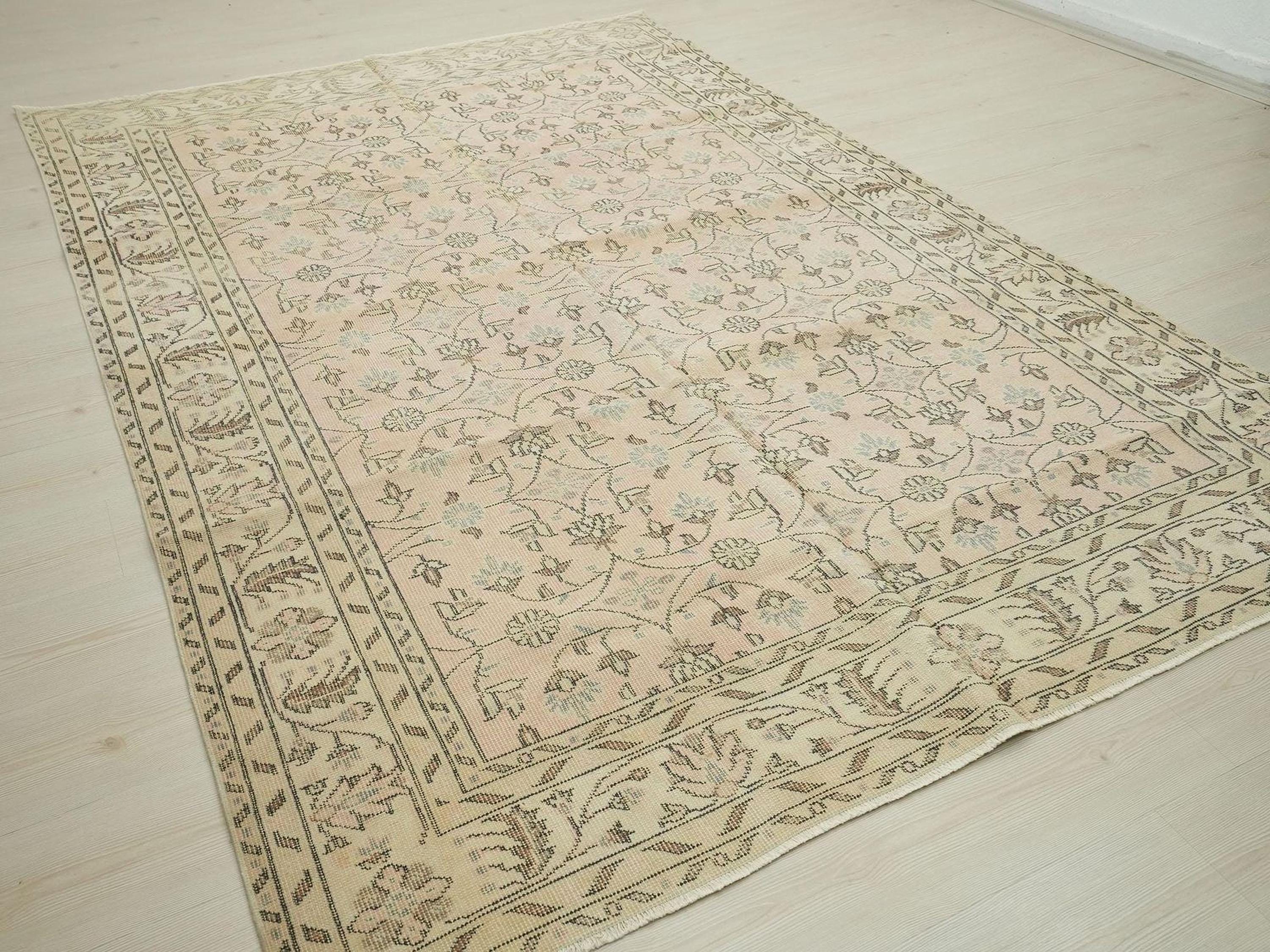 Large Vintage Oushak Rug: 6.2"x9.2' Ft, Salmon Pink Turkish Wool Carpet