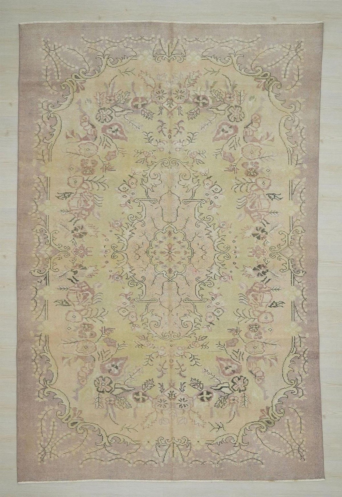 Vintage Oushak Rug: 6.4"x9.7" Ft, Yellow Purple Turkish Wool Carpet.