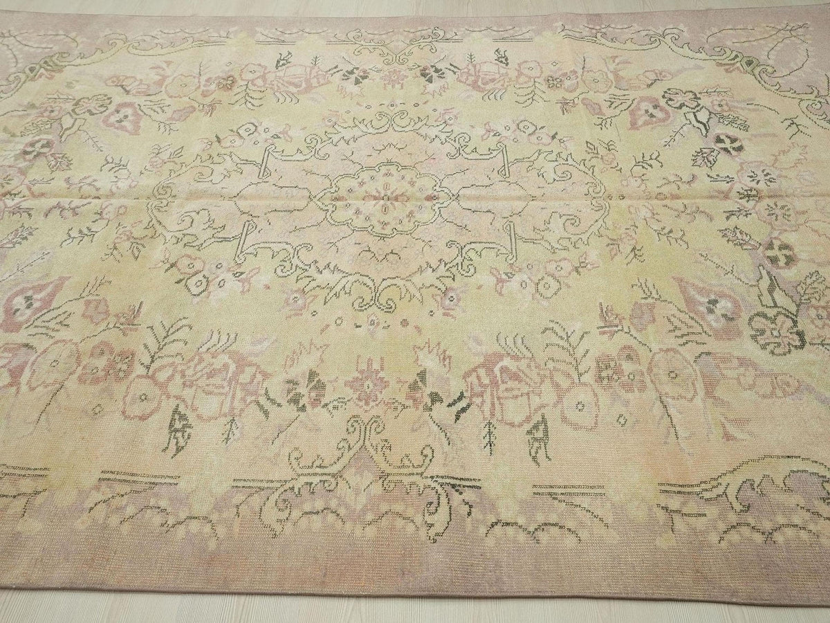 Vintage Oushak Rug: 6.4"x9.7" Ft, Yellow Purple Turkish Wool Carpet.