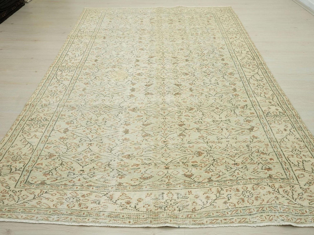 Large Vintage Oushak Rug: 6.1"x9.7' Ft, Light Green Wool Turkish Carpet.