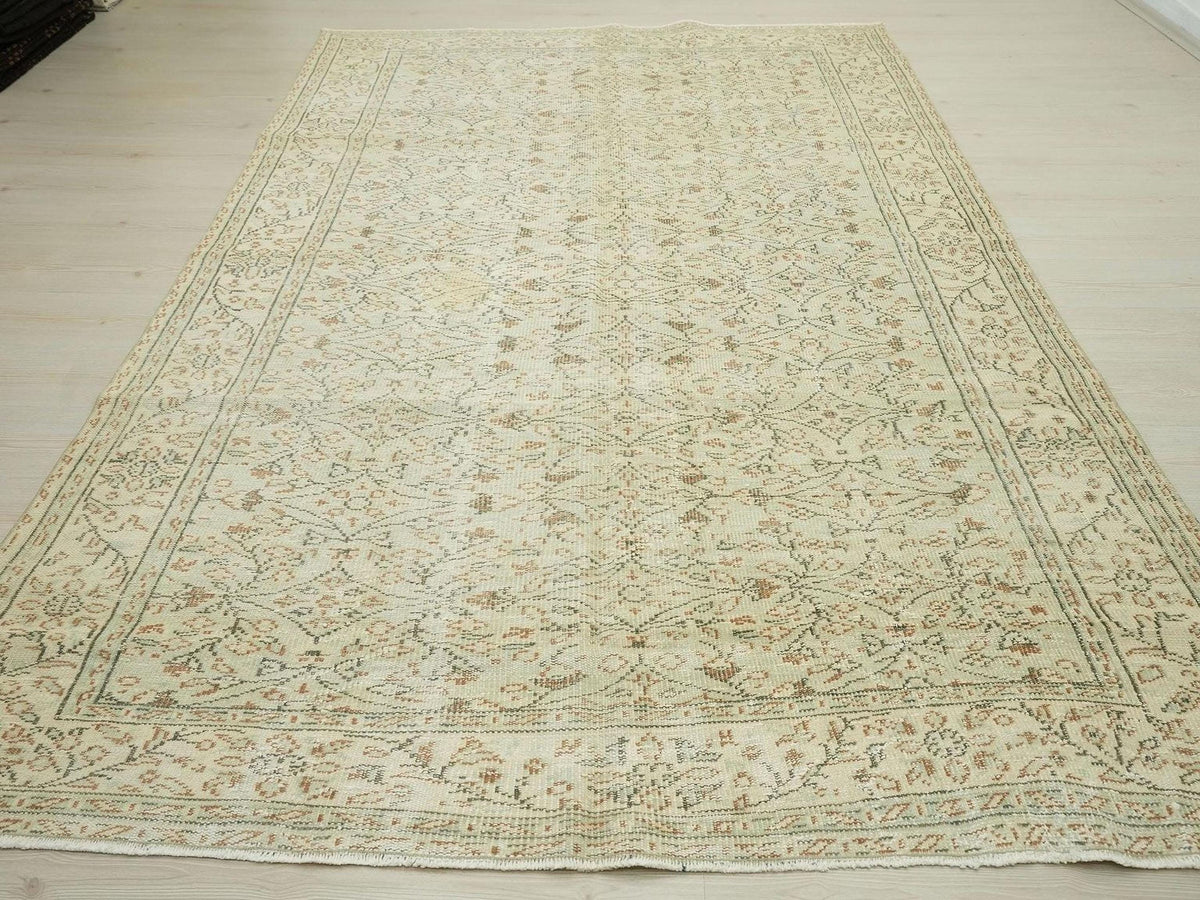 Large Vintage Oushak Rug: 6.1"x9.7' Ft, Light Green Wool Turkish Carpet.