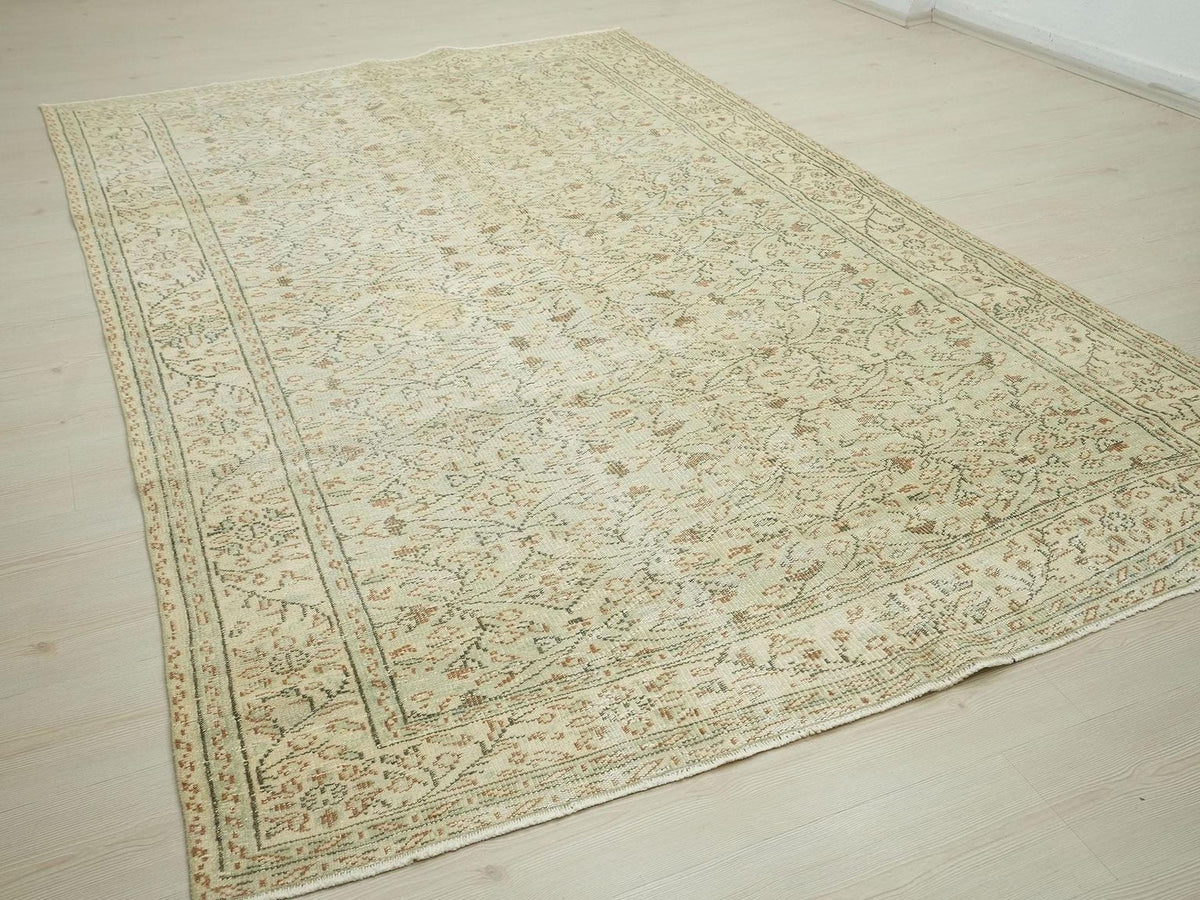 Large Vintage Oushak Rug: 6.1"x9.7' Ft, Light Green Wool Turkish Carpet.