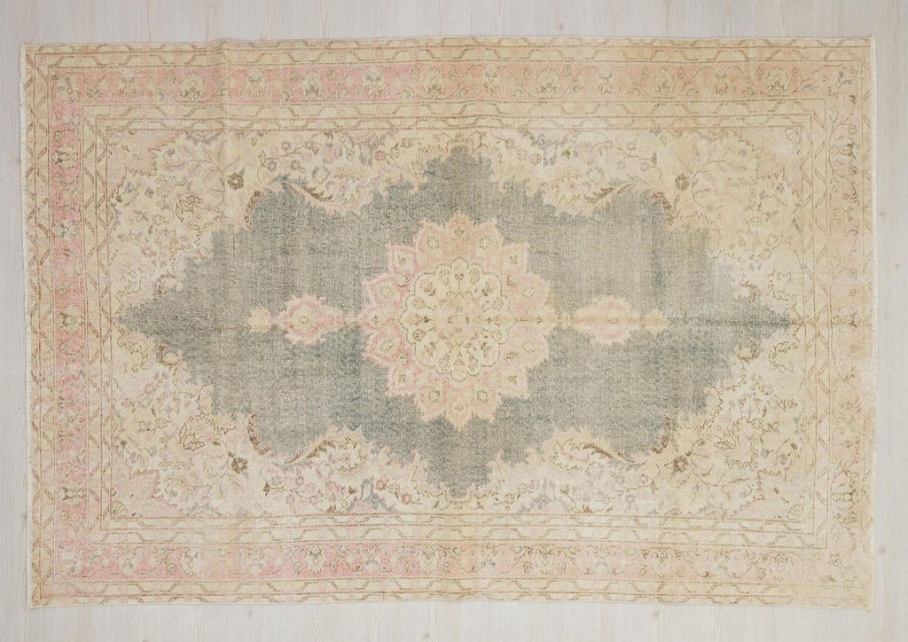 Vintage Handwoven Oushak Rug: Mid-Century Modern Wool Turkish Rugs 6x9.4 Feet.
